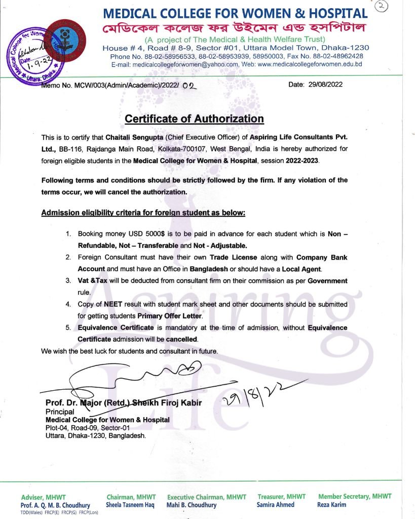 Medical College for Women Certificate